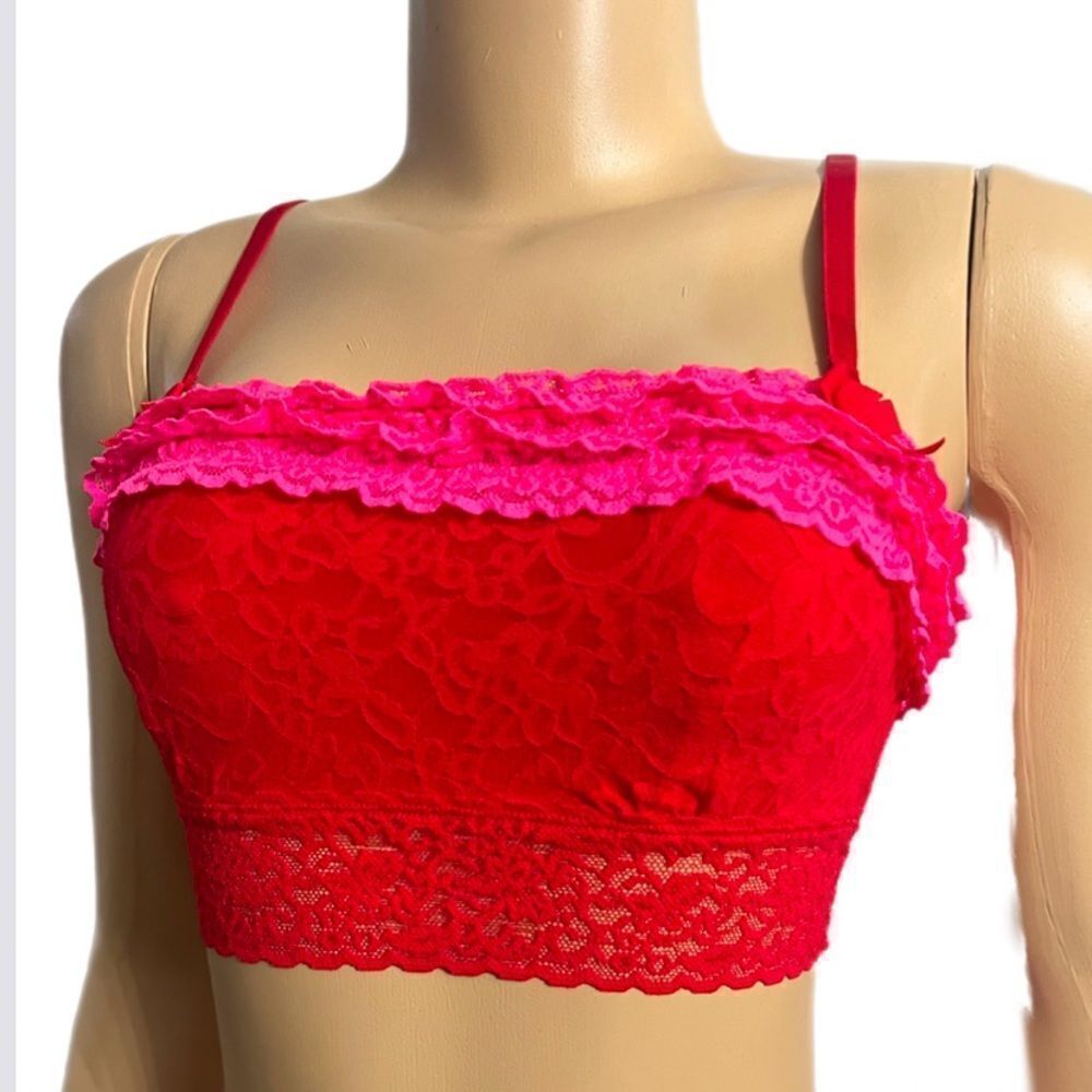 Victoria’s Secret Strapless Lace Ruffles unlined bralette bra red Small